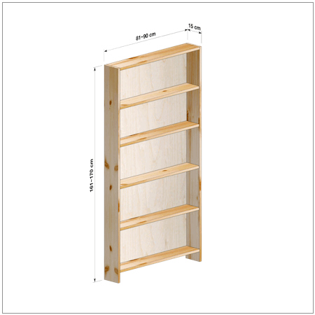 高さ161～170cm、横幅81～90cm、奥行き15cmの本棚ユニットです。本棚屋