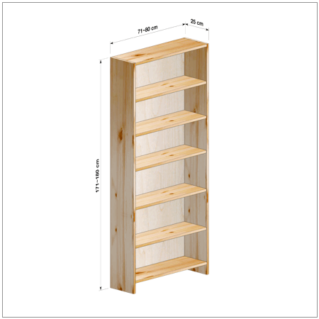 高さ171～180cm、横幅71～80cm、奥行き25cmの本棚ユニットです。本棚屋