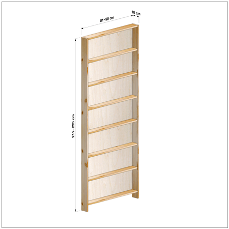 高さ211～220cm、横幅81～90cm、奥行き10cmの本棚ユニットです。本棚屋