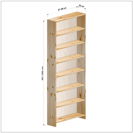 高さ221～230cm、横幅81～90cm、奥行き25cmの本棚ユニットです。本棚屋