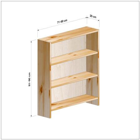 高さ81～90cm、横幅71～80cm、奥行き20cmの本棚ユニットです。本棚屋の